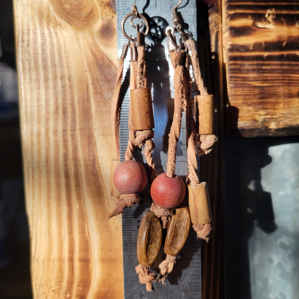 Leather and wooden bead earrings